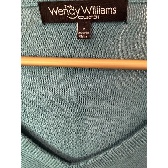 Wendy Williams Blue V Neck Sweater Tiered Bell Sleeve Lightweight Knit Sz M EUC - Picture 4 of 5